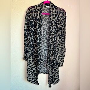 Adora Greige Leopard Animal Print Gauzy Open Front Waterfall Hem Cardigan M